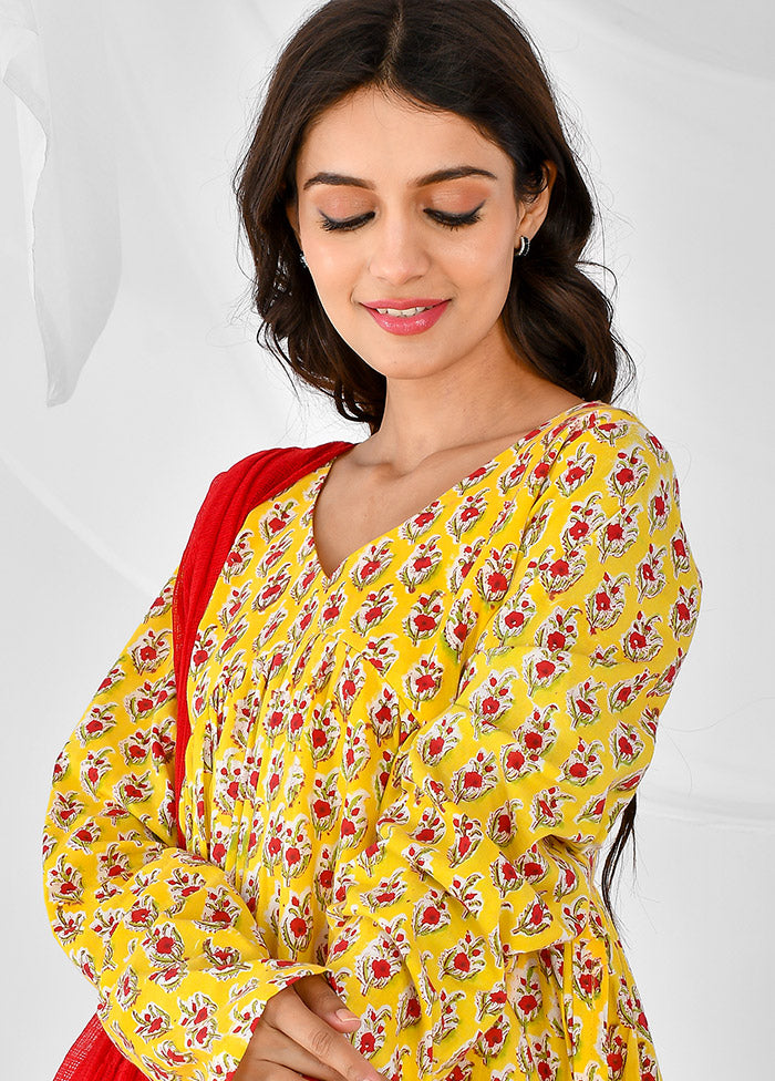 3 Pc Yellow Cotton Printed Suit Set Discount Pay With Paypal