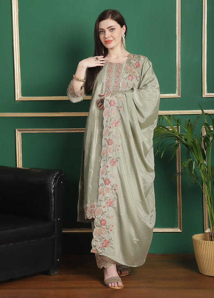 3 Pc Olive Green Unstitched Silk Suit Set Best Sale Online