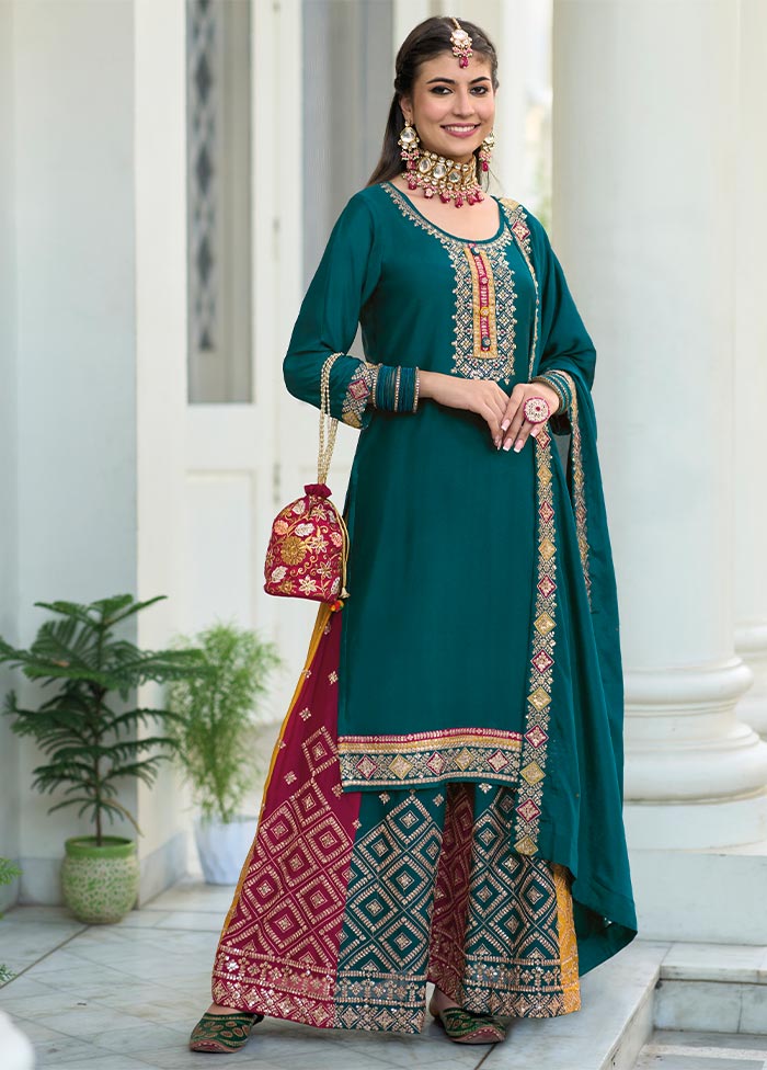 3 Pc Teal Green Semi Stitched Georgette Suit Set Sale In China