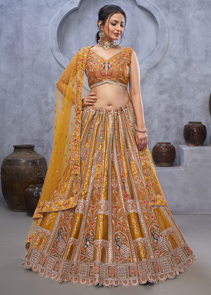 3 Pc Mustard Silk Semi Stitched Lehenga Set Cheap Best Store To Get