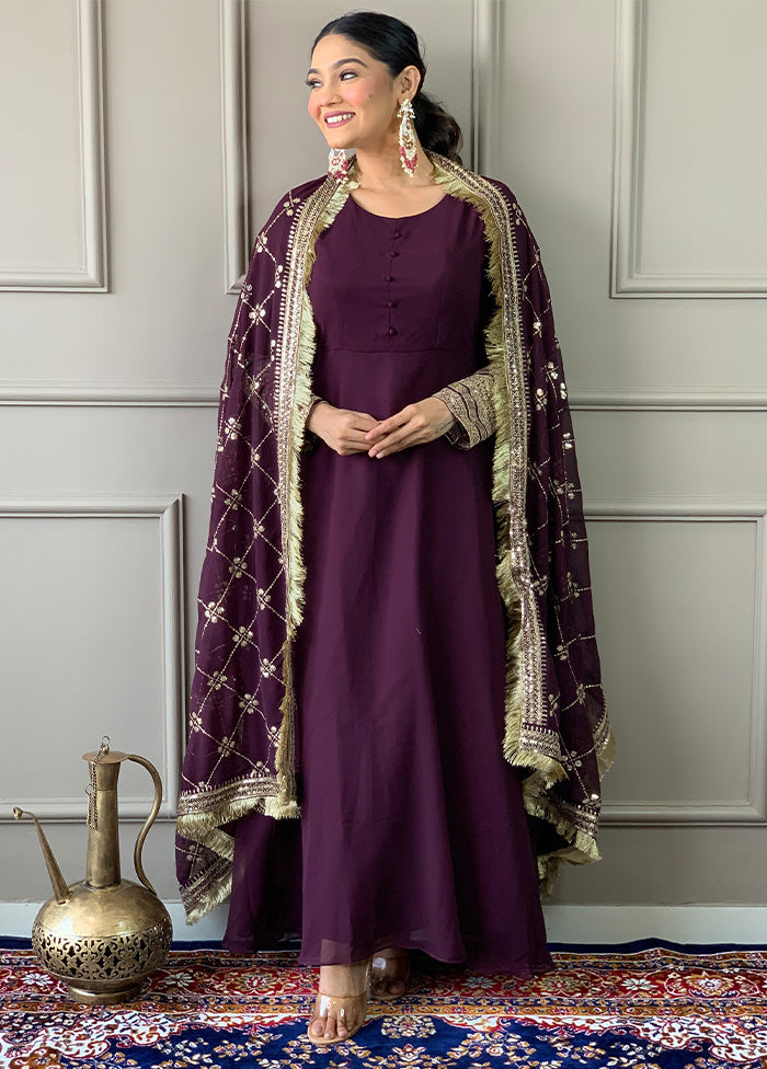 3 Pc Wine Readymade Georgette Dupatta Suit Set Cheap Sale Collections