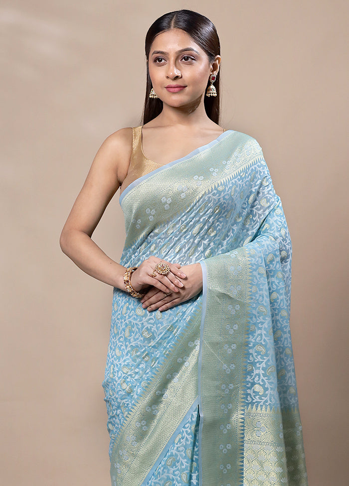 Sky Blue Kora Silk Saree With Blouse Piece 2025 Cheap Pice