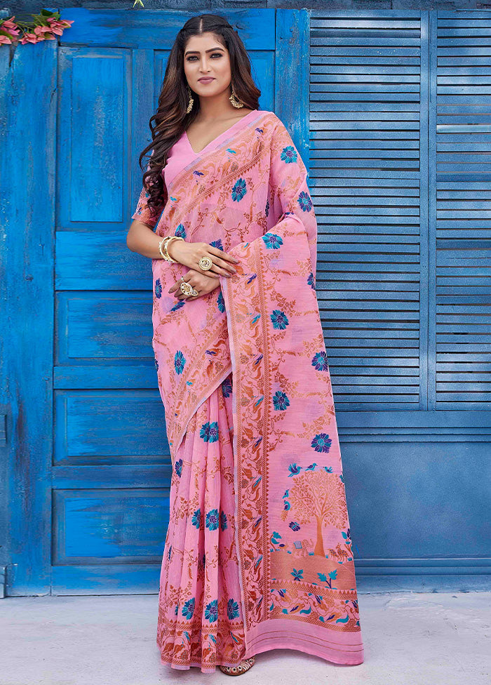 Pink Linen Silk Saree With Blouse Piece Best Pices Cheap Pice