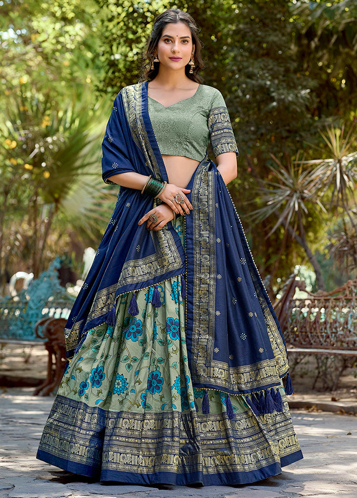 3 Pc Sea Green Silk Semi Stitched Lehenga Set Best Store To Get Cheap Online