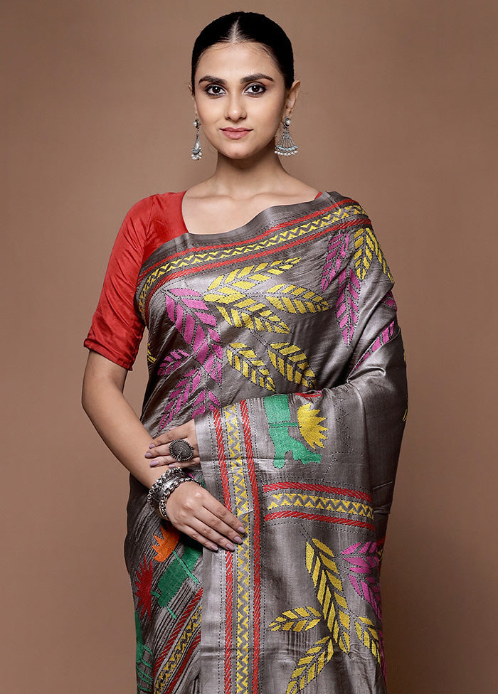 Grey Handloom Kantha Stitch Pure Silk Saree With Blouse Piece Sale For Cheap