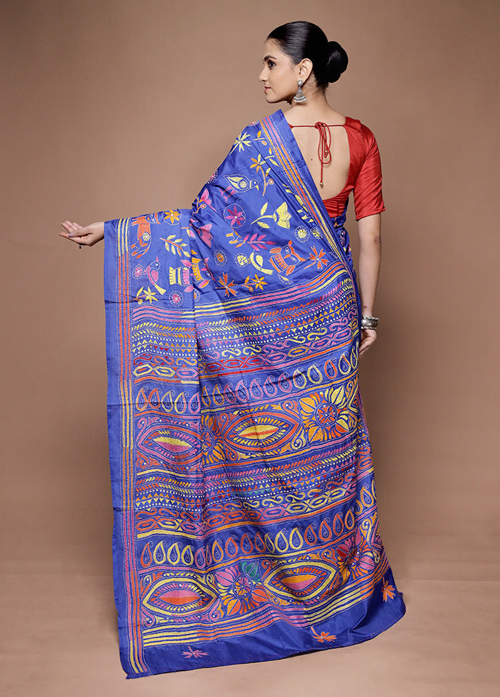 Blue Kantha Stitch Silk Saree With Blouse Piece Buy Cheap Choice