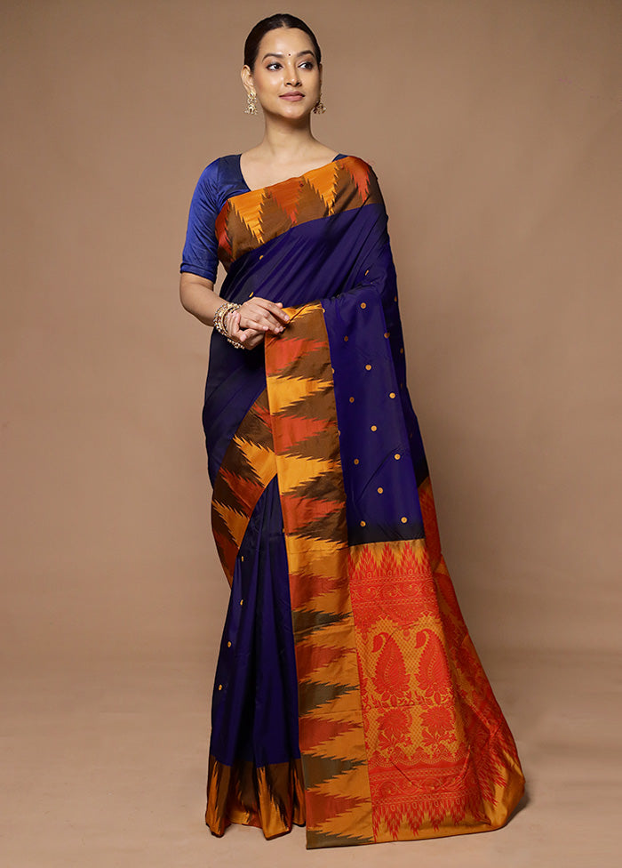 Blue Kanjivaram Silk Saree With Blouse Piece Sale Real