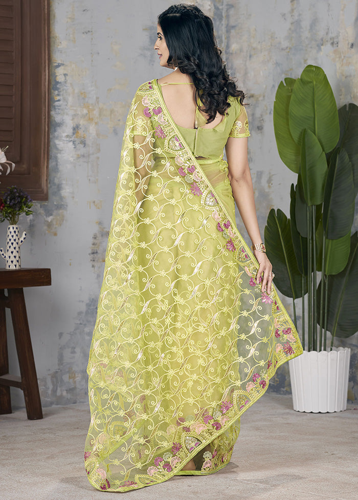 Green Net Net Saree With Blouse Piece Sale View