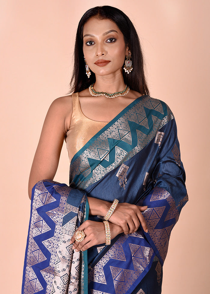 Blue Cotton Saree With Blouse Piece With Credit Card Cheap Online