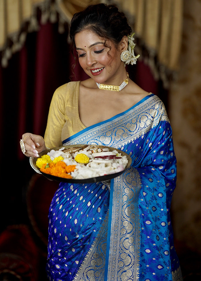 Blue Handloom Tanchoi Pure Silk Saree With Blouse Piece Footaction Online