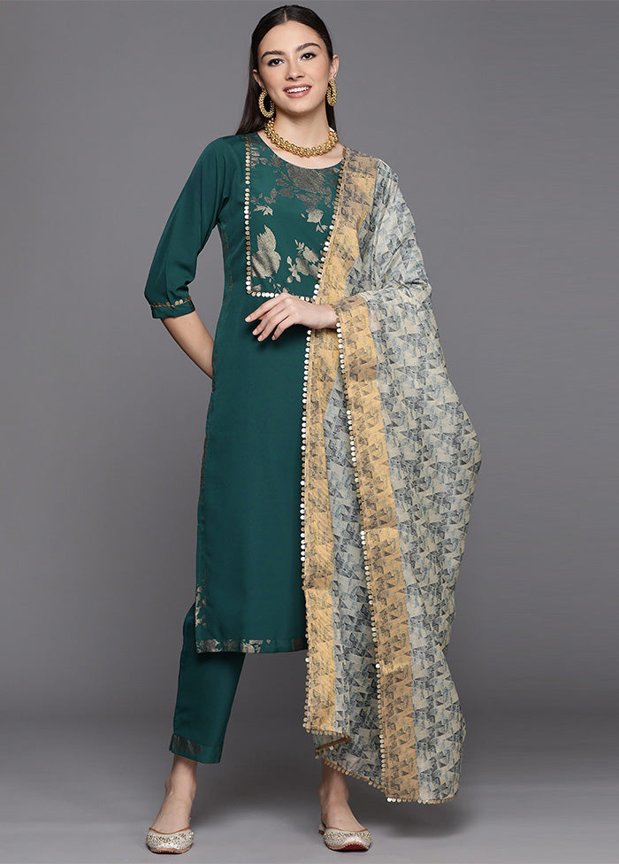 3 Pc Green Readymade Silk Dupatta Suit Set Free Shipping Pices