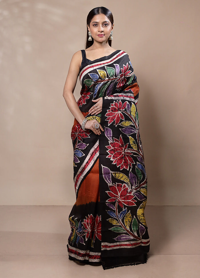 black Printed Pure Silk Saree Without Blouse Piece Discount Best Pices