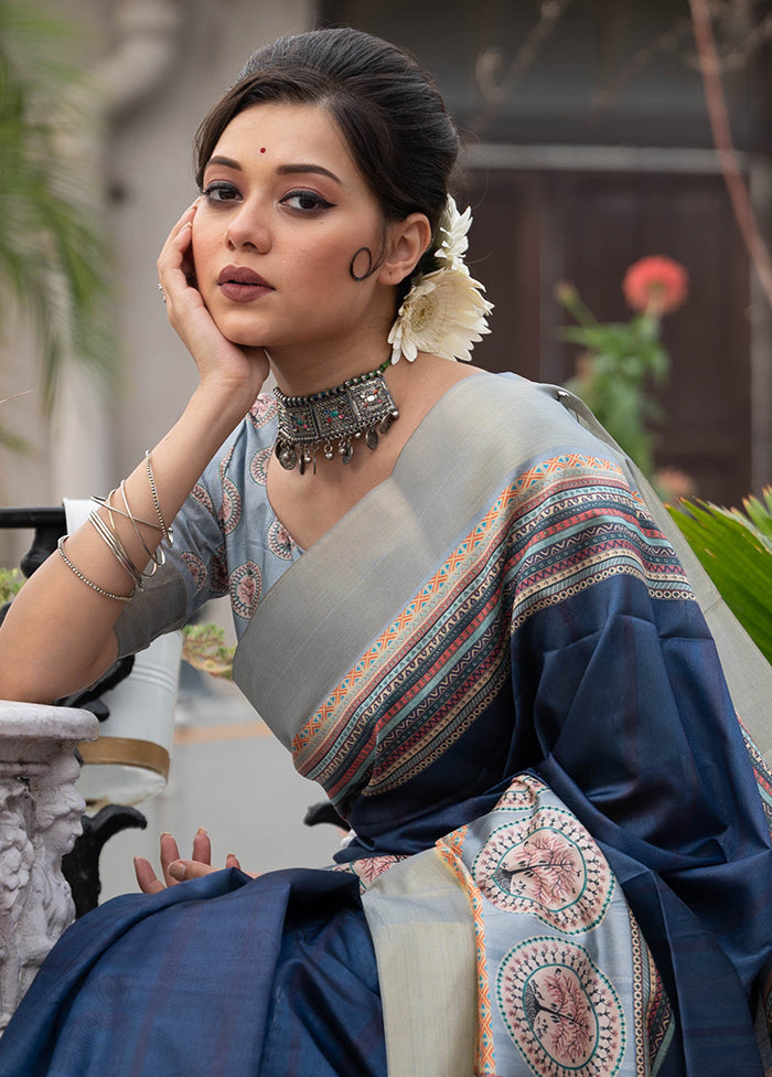 Navy Blue Tussar Silk Saree With Blouse Piece 100% Authentic