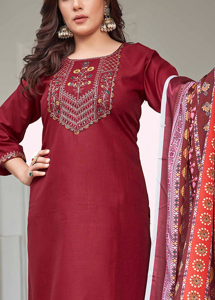 3 Pc Maroon Readymade Cotton Dupatta Suit Set Perfect Cheap Online