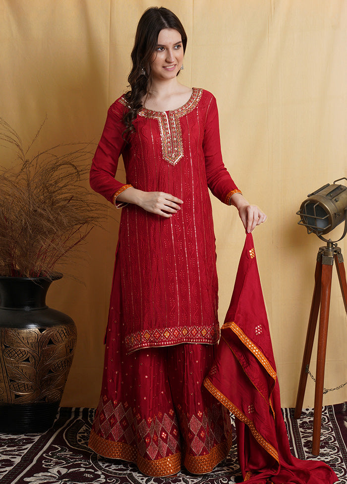 3 Pc Red Unstitched Silk Suit Set For Sale 2025