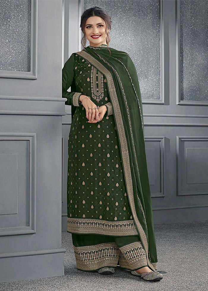 3 Pc Mehendi Green Semi Stitched Silk Suit Set Excellent Online