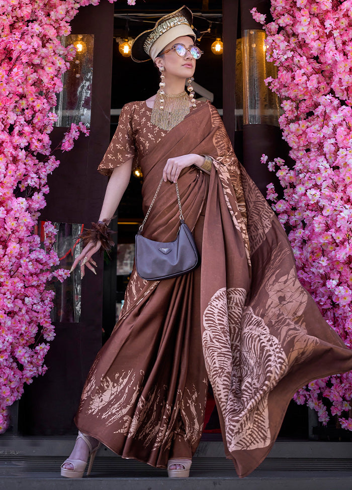 Brown Satin Silk Saree With Blouse Piece Cheap Pice Outlet