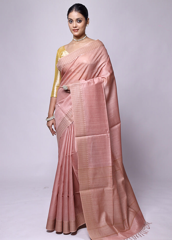 Pink Tussar Silk Saree With Blouse Piece Cheap With Credit Card