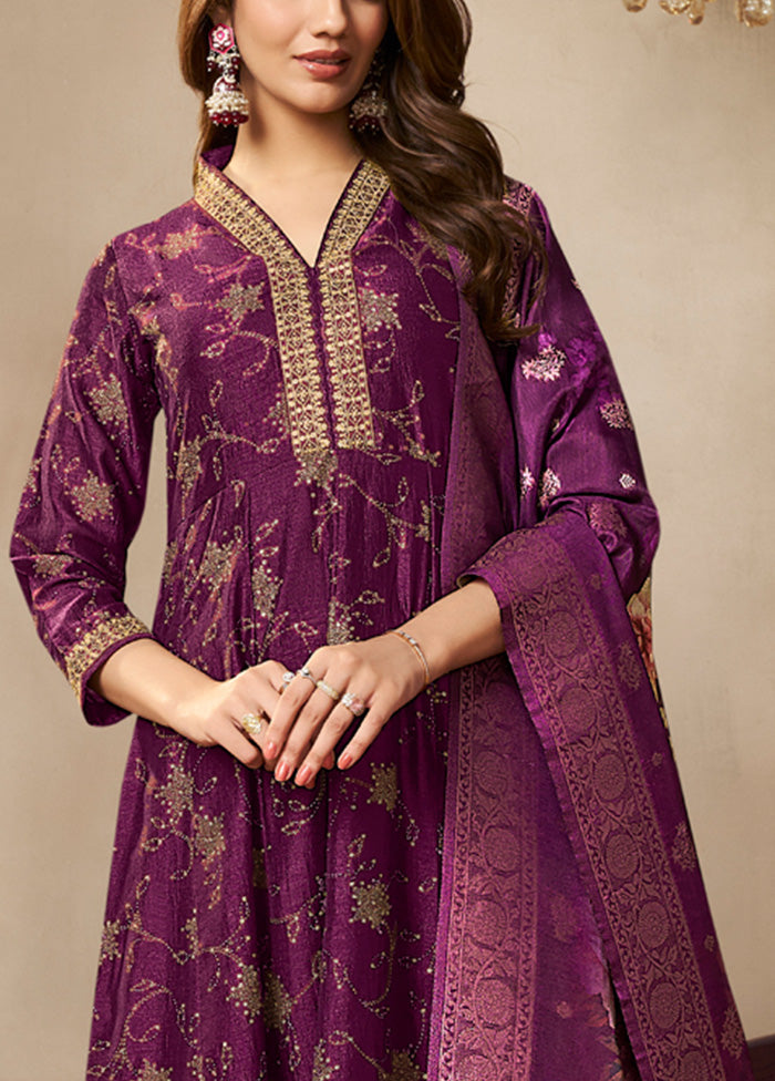 3 Pc Purple Readymade Silk Dupatta Suit Set Discount Tumblr