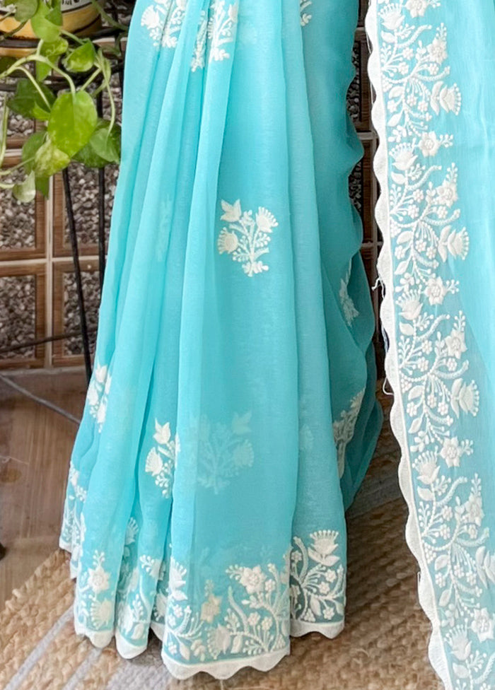 Sky Blue Spun Silk Saree With Blouse Piece Footlocker Pictures