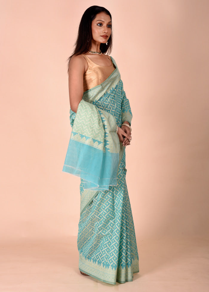 Sky blue Kora Silk Saree With Blouse Piece Cheap Hot Sale