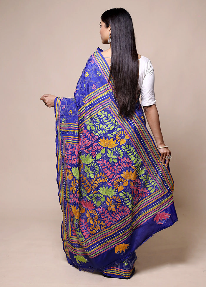 Blue Kantha Stitch Silk Saree With Blouse Piece Online Shop From China