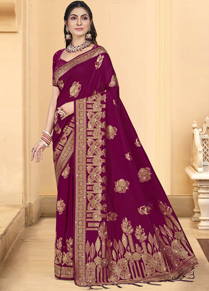 Wine Spun Silk Saree With Blouse Piece Geniue Stockist Cheap Online