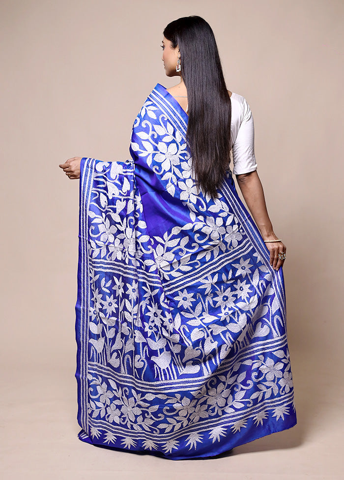 Blue Handloom Kantha Stitch Pure Silk Saree With Blouse Piece 100% Original Cheap Pice