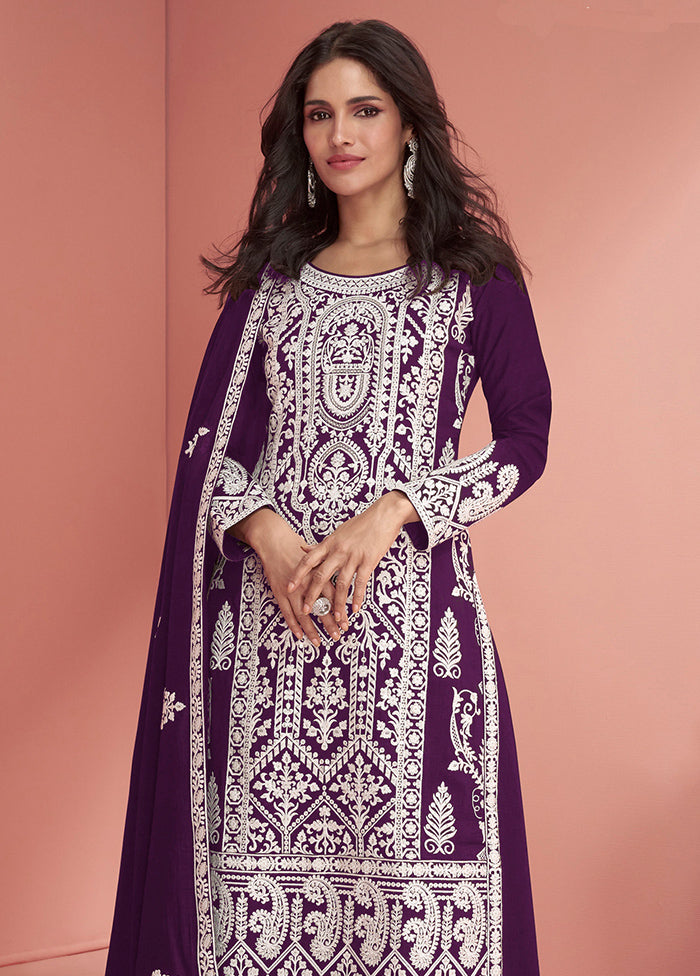 3 Pc Purple Semi Stitched Georgette Suit Set Free Shipping Manchester