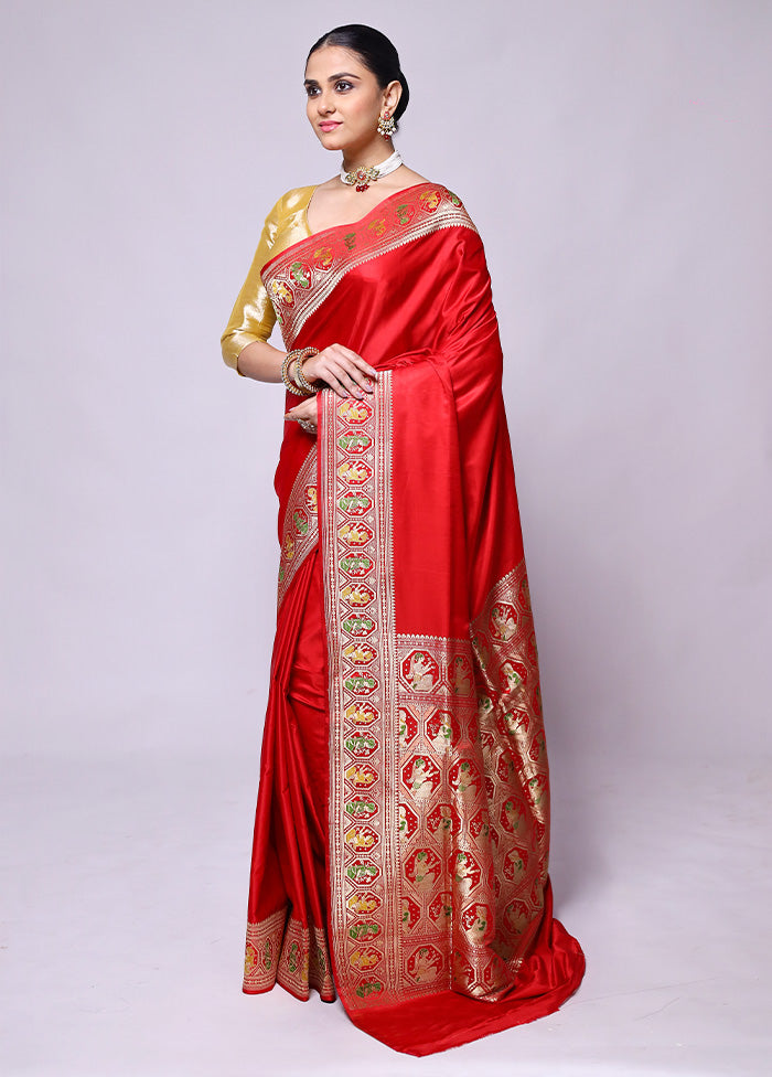 Red Handloom Banarasi Pure Silk Saree With Blouse Piece Pay With Visa For Sale