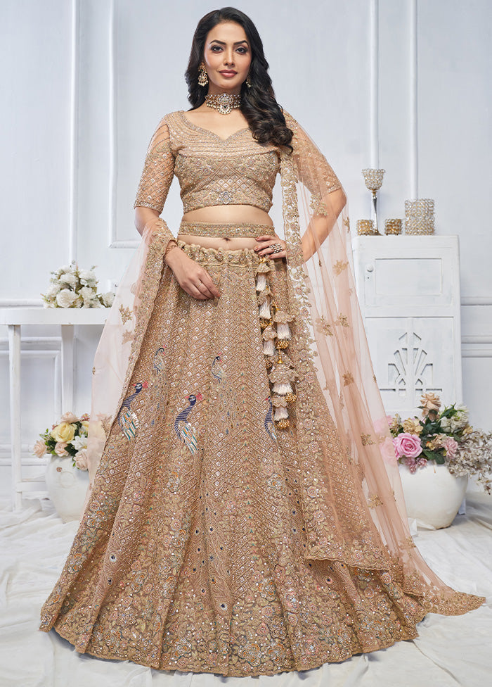 3 Pc Golden Net Semi Stitched Lehenga Set Cheap Exclusive