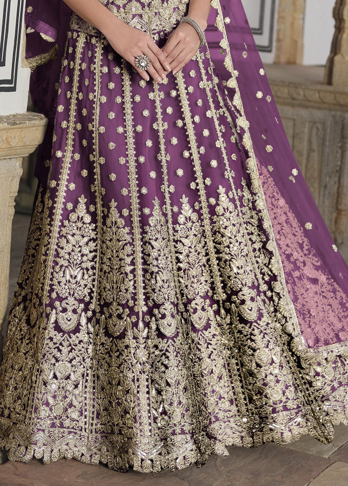 3 Pc Purple Net Semi Stitched Lehenga Set Good Selling Cheap Pice