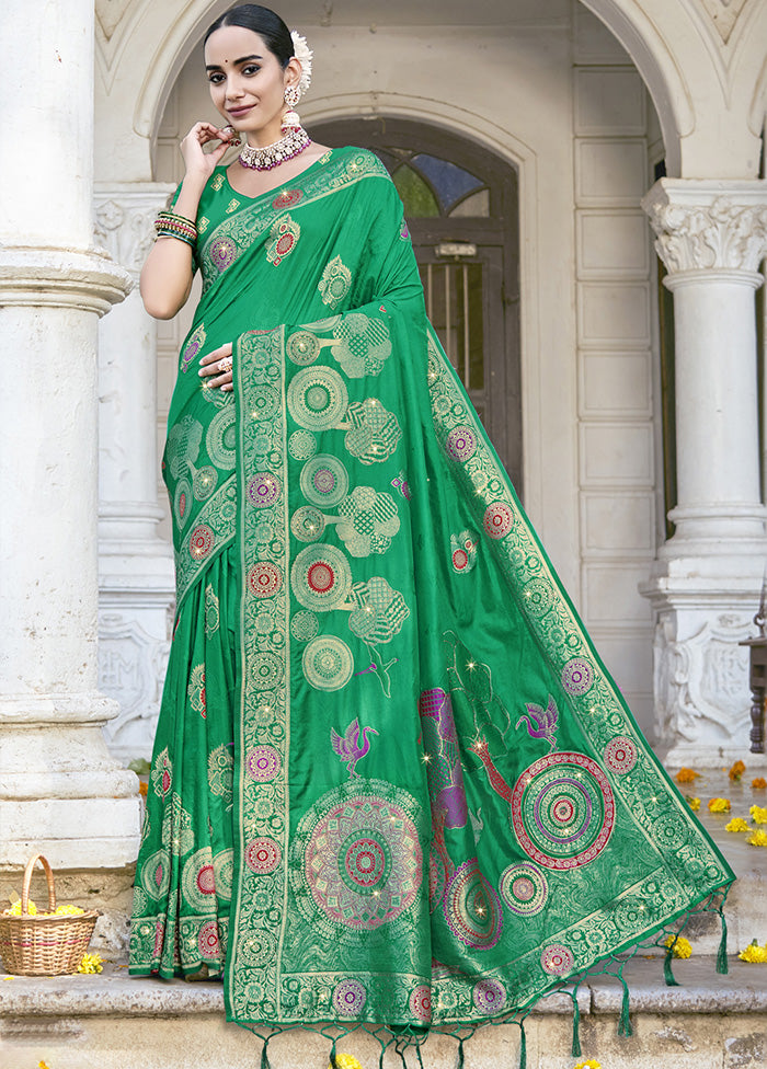 Green Spun Silk Saree With Blouse Piece Affordable Sale Online