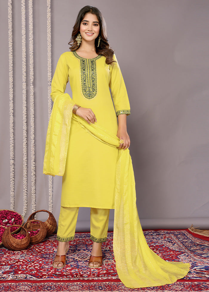 3 Pc Yellow Readymade Cotton Suit Set With Credit Card Free Shipping