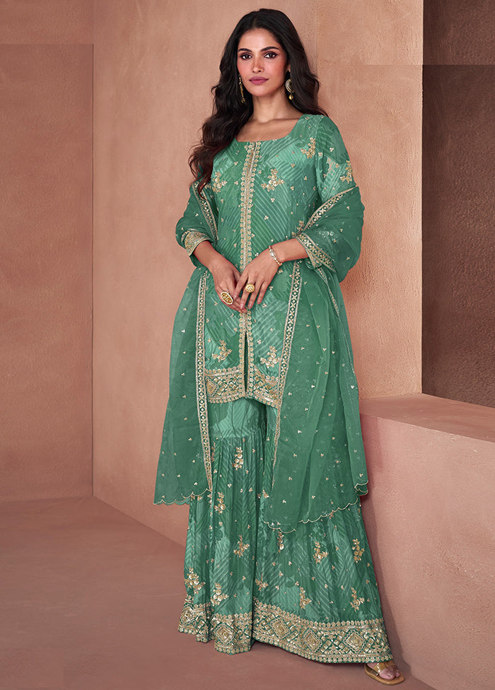 3 Pc Green Semi Stitched Georgette Suit Set Discount Purchase