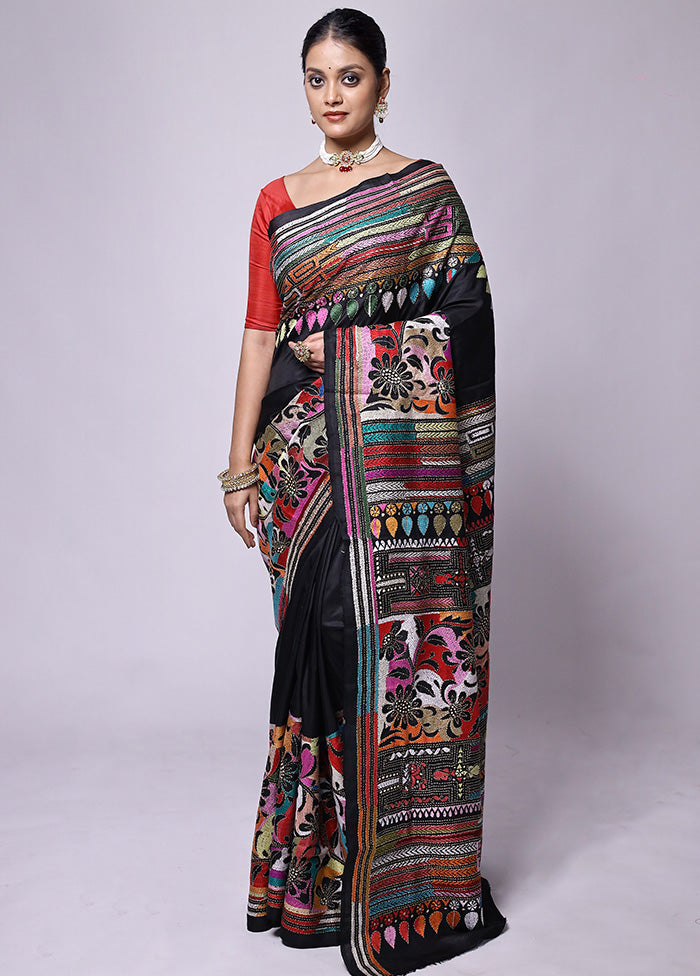 Black Handloom Kantha Stitch Pure Silk Saree With Blouse Piece Outlet Nicekicks