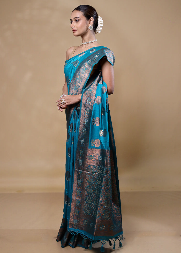 Blue Dupion Silk Saree With Blouse Piece Clearance With Credit Card