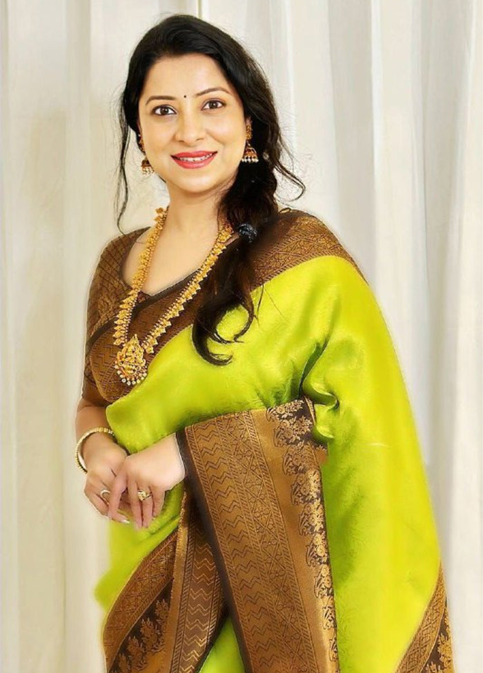 Green Spun Silk Saree With Blouse Piece With Paypal