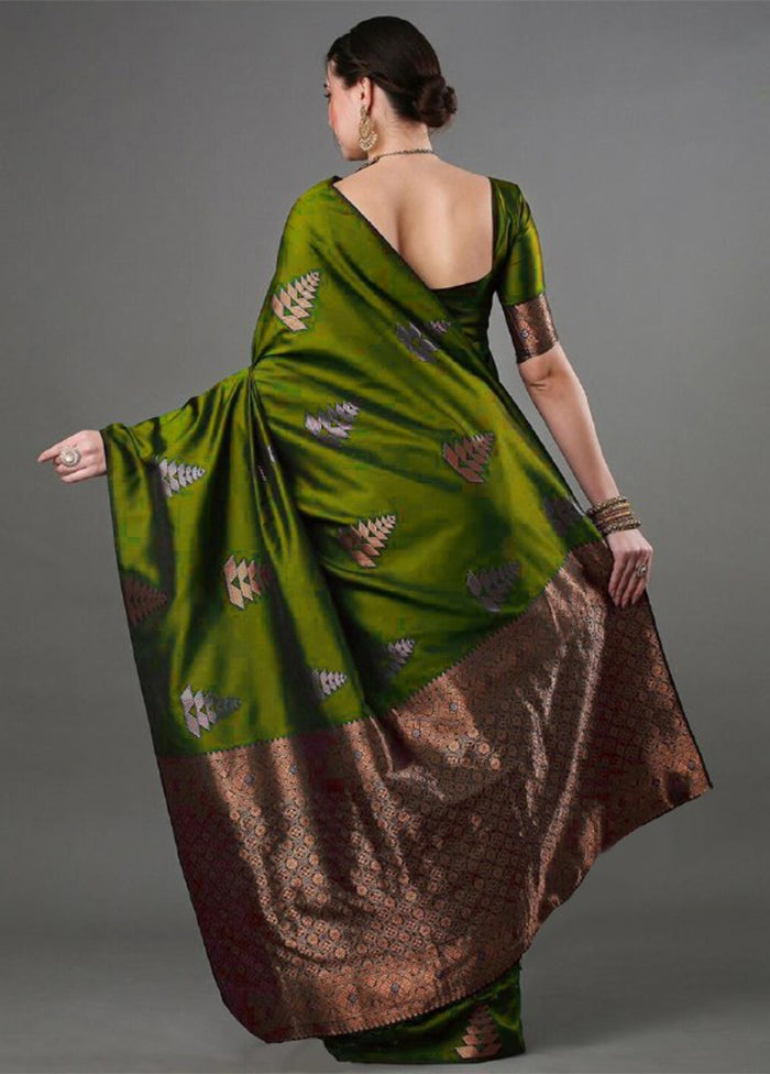 Olive Green Banarasi Silk Saree With Blouse Piece Deals Cheap Pice