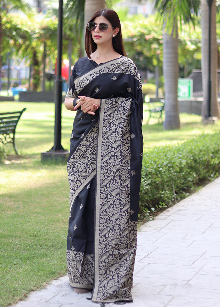 Black Spun Silk Saree With Blouse Piece New Styles For Sale