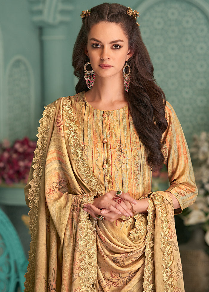 3 Pc Yellow Unstitched Pure Silk Suit Set Cost For Sale