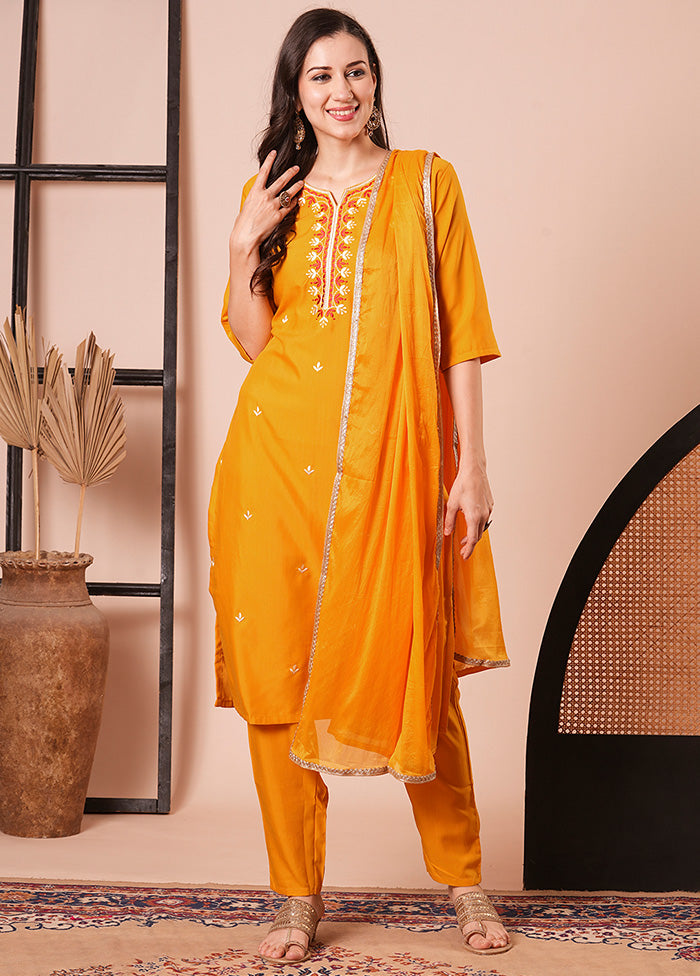 3 Pc Orange Readymade Rayon Dupatta Suit Set Explore Cheap Pice