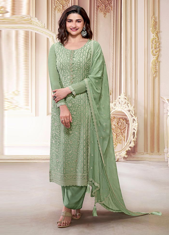 3 Pc Pista Green Semi Stitched Silk Suit Set Great Deals Sale Online