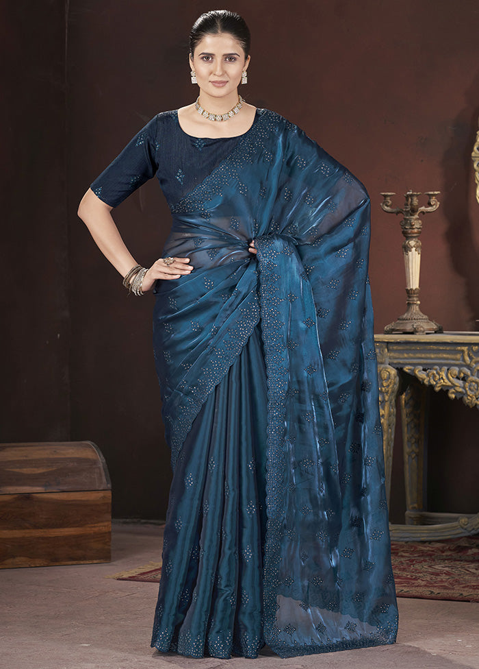 Teal Blue Spun Silk Saree With Blouse Piece Very Cheap Pice