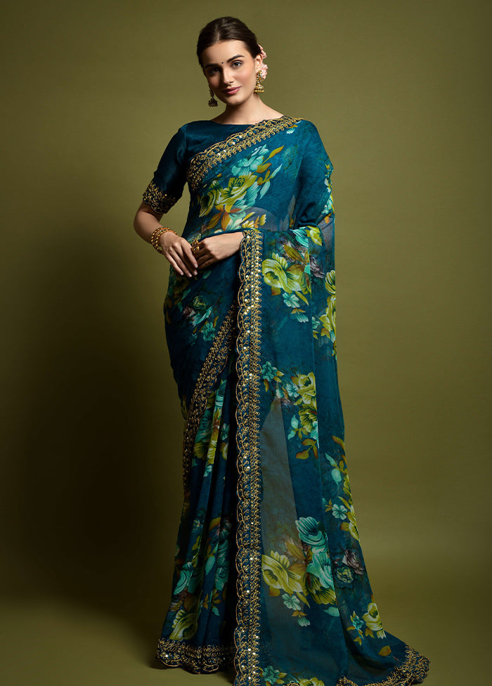 Teal Chiffon Silk Saree With Blouse Piece Pay With Paypal For Sale