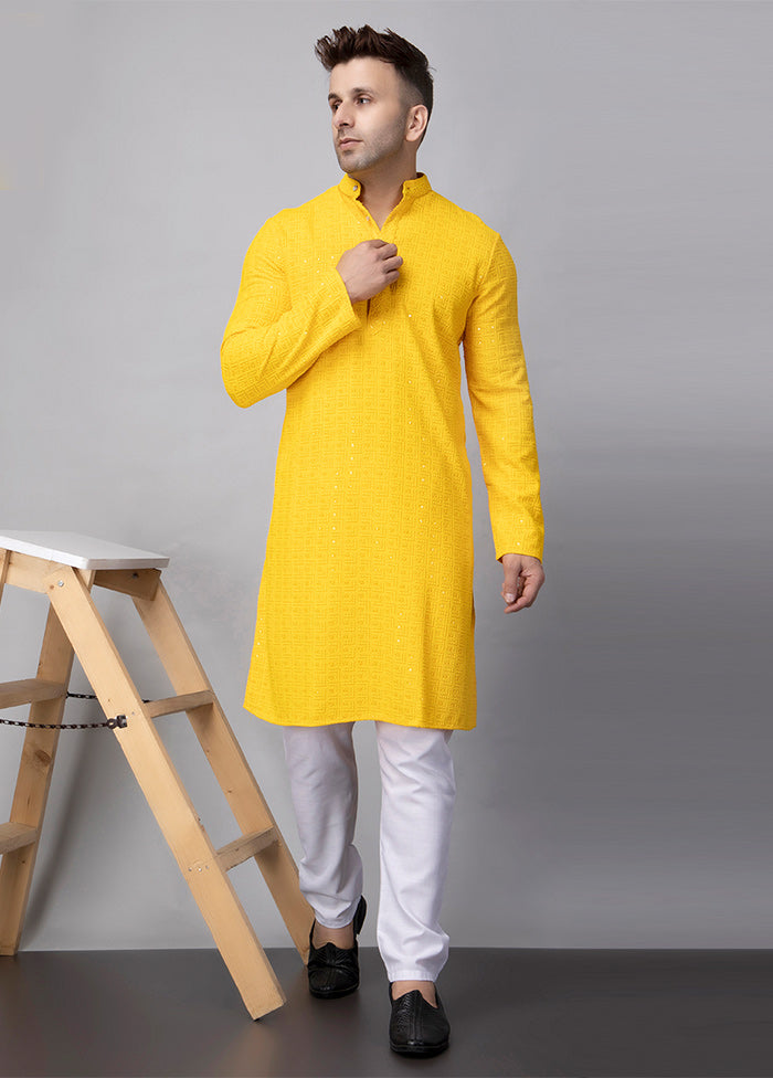 2 Pc Yellow Viscose Kurta Pajama Set Sale Cheapest Pice