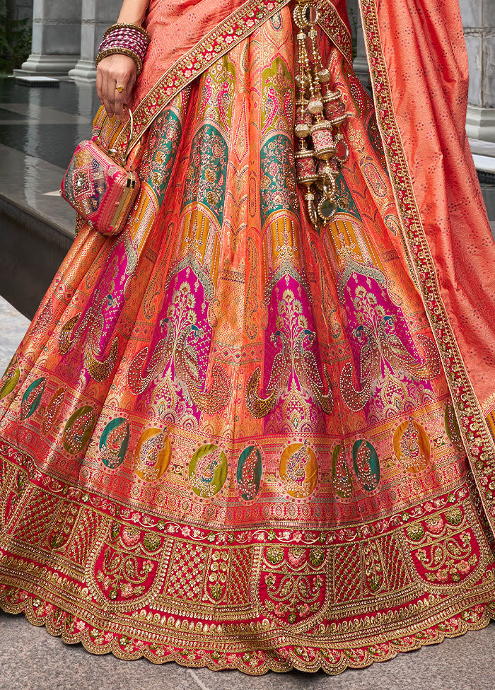 3 Pc Orange Silk Semi Stitched Lehenga Set Visa Payment For Sale