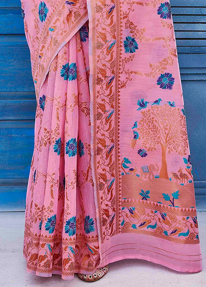 Pink Linen Silk Saree With Blouse Piece Best Pices Cheap Pice