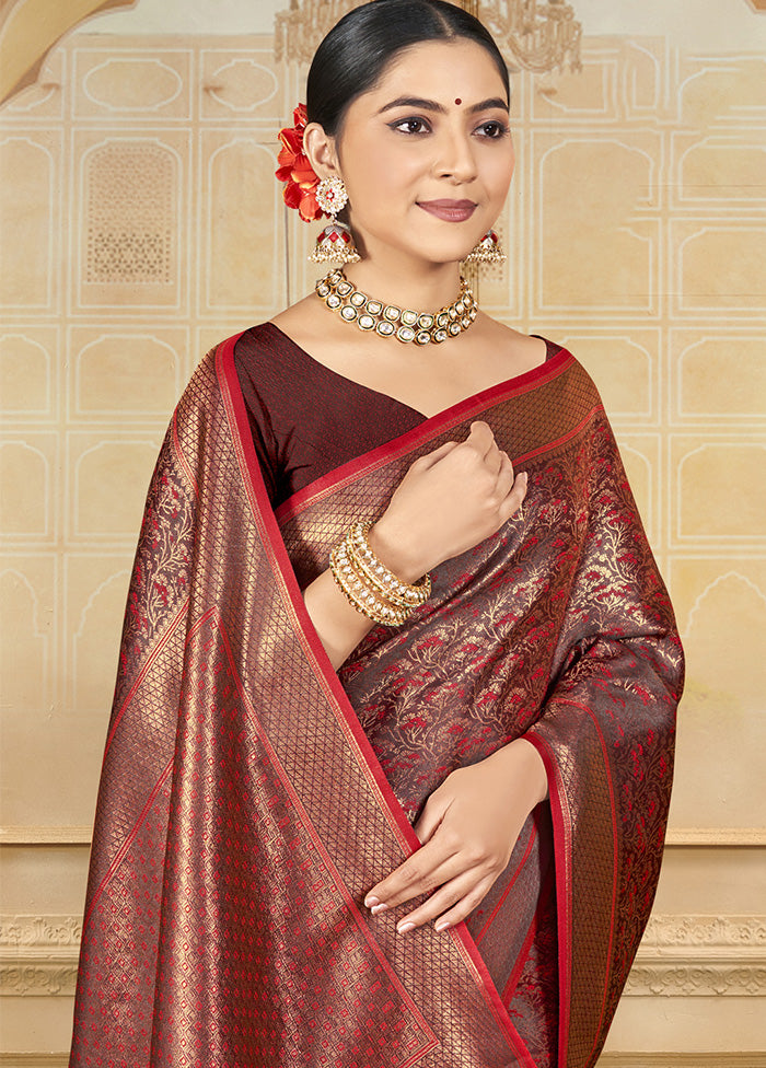 Maroon Spun Silk Saree With Blouse Piece Cheap Footlocker Finishline