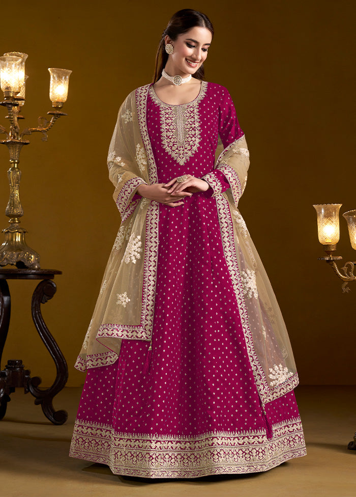 3 Pc Pink Semi Stitched Chanderi Suit Set Visit